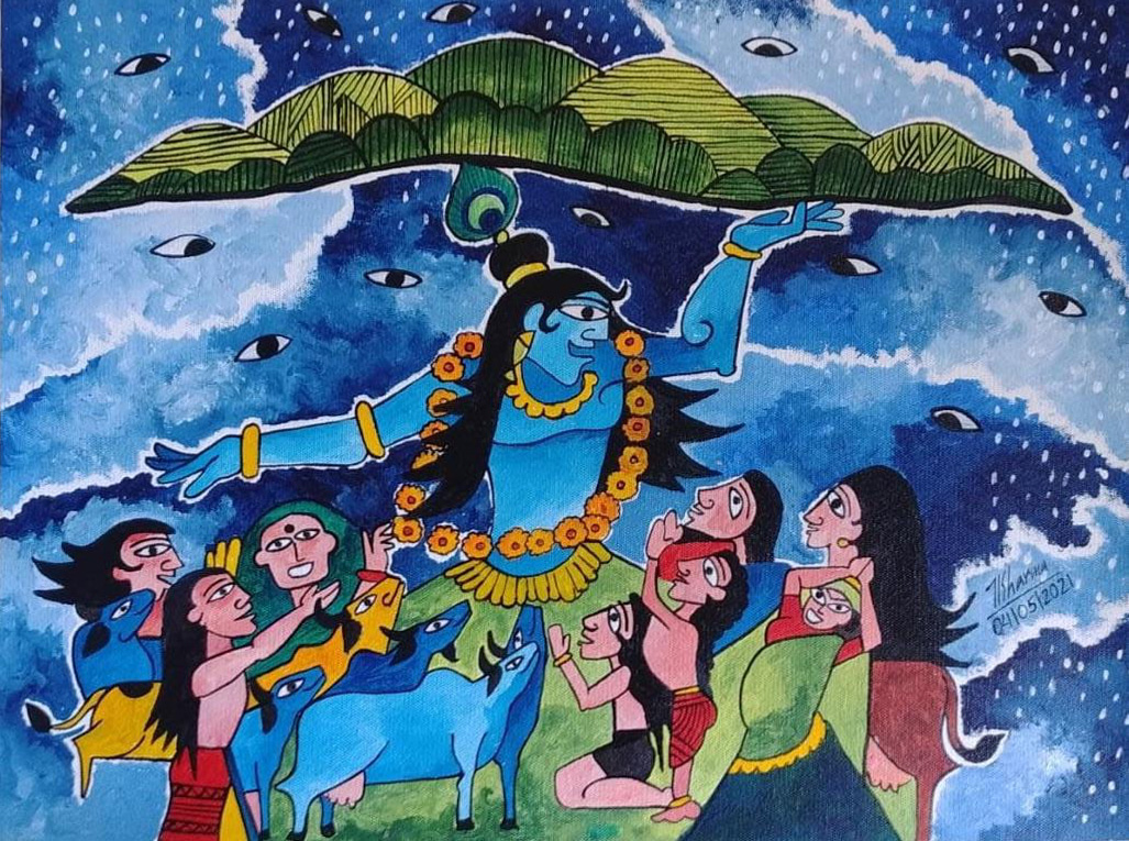 Krishna Holding Up Govardhan Mountain